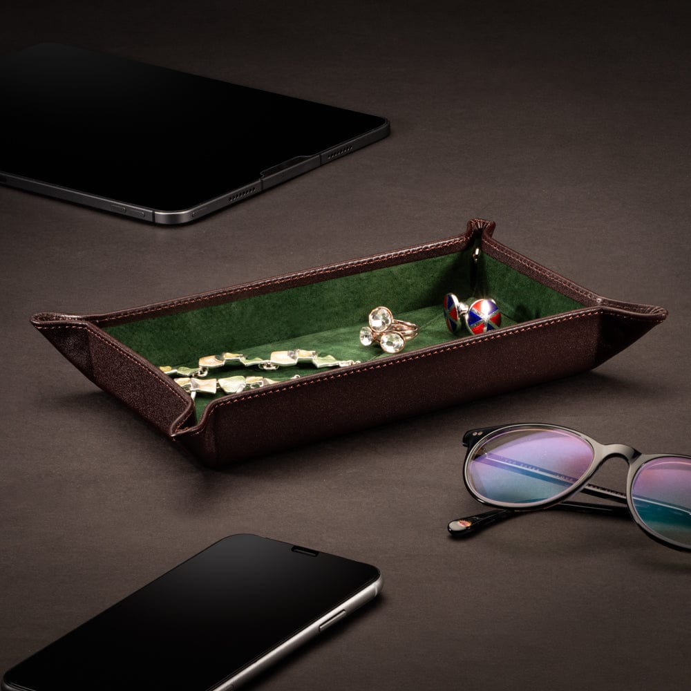 Rectangular valet tray, brown with green, lifestyle