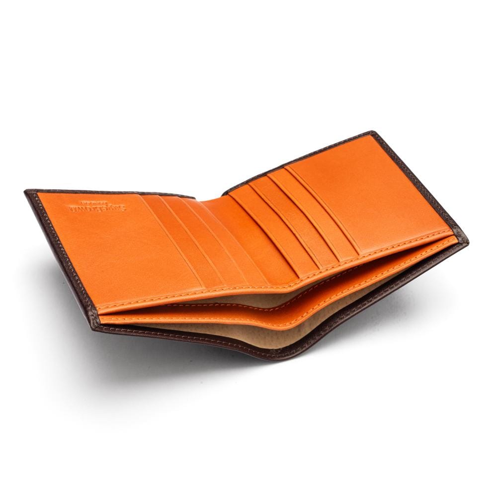 Bifold leather wallet with 6 credit cards, brown with orange, inside