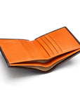 Bifold leather wallet with 6 credit cards, brown with orange, inside