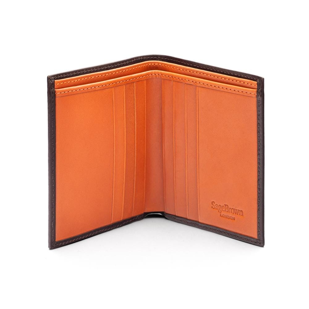 Bifold leather wallet with 6 credit cards, brown with orange, open