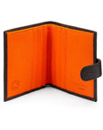 Compact leather RFID billfold wallet with tab, brown with orange, open view