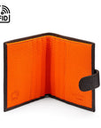 Compact leather RFID billfold wallet with tab, brown with orange, open