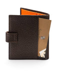 Compact leather RFID billfold wallet with tab, brown with orange, back