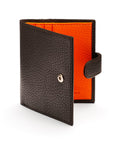Compact leather RFID billfold wallet with tab, brown with orange, with tab closure