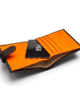 Compact leather RFID billfold wallet with tab, brown with orange, inside