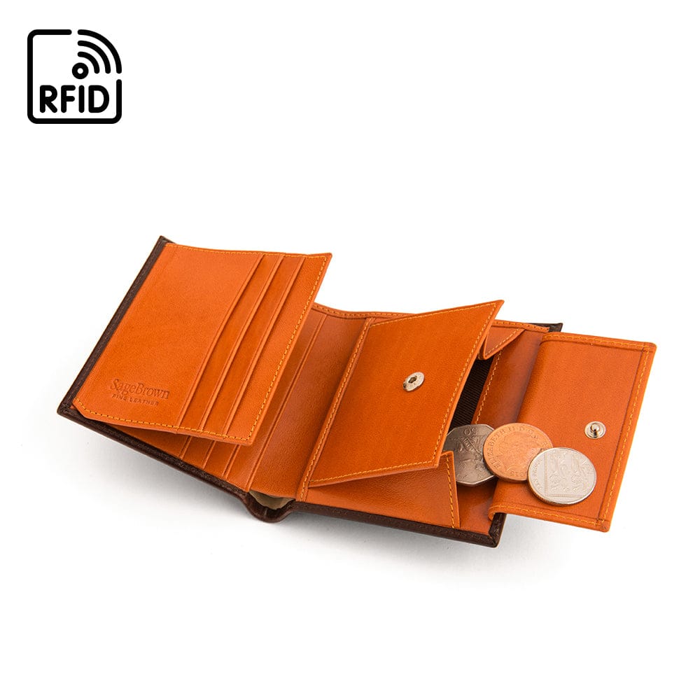 Compact RFID leather wallet with coin purse, brown with orange, open