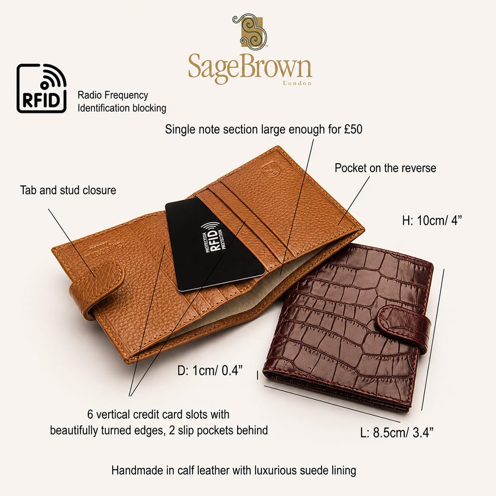 Compact Slim RFID Leather Wallet with Tab Closure, features and dimensions