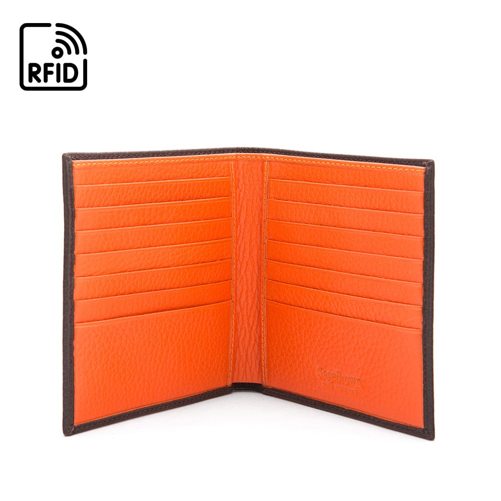 3/4 height leather RFID wallet 14 CC, brown with orange, open