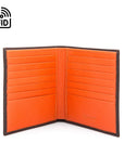 3/4 height leather RFID wallet 14 CC, brown with orange, open