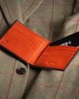 RFID leather wallet for men, brown with orange, lifestyle