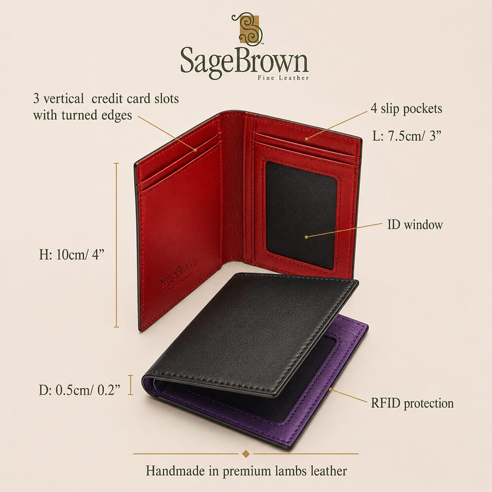 Luxury Leather RFID Card Wallet with ID Window, features and dimensions