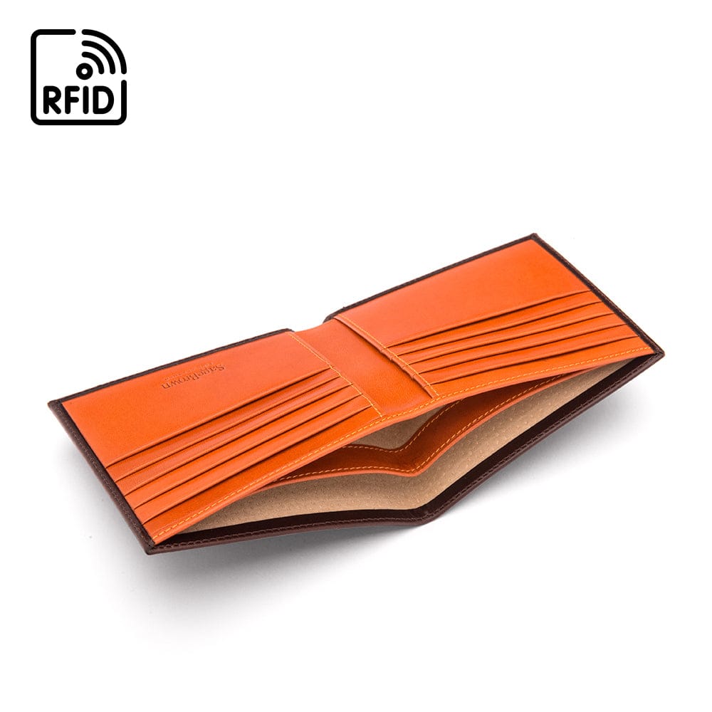 Men's RFID wallet with 10 CC, brown with orange, inside
