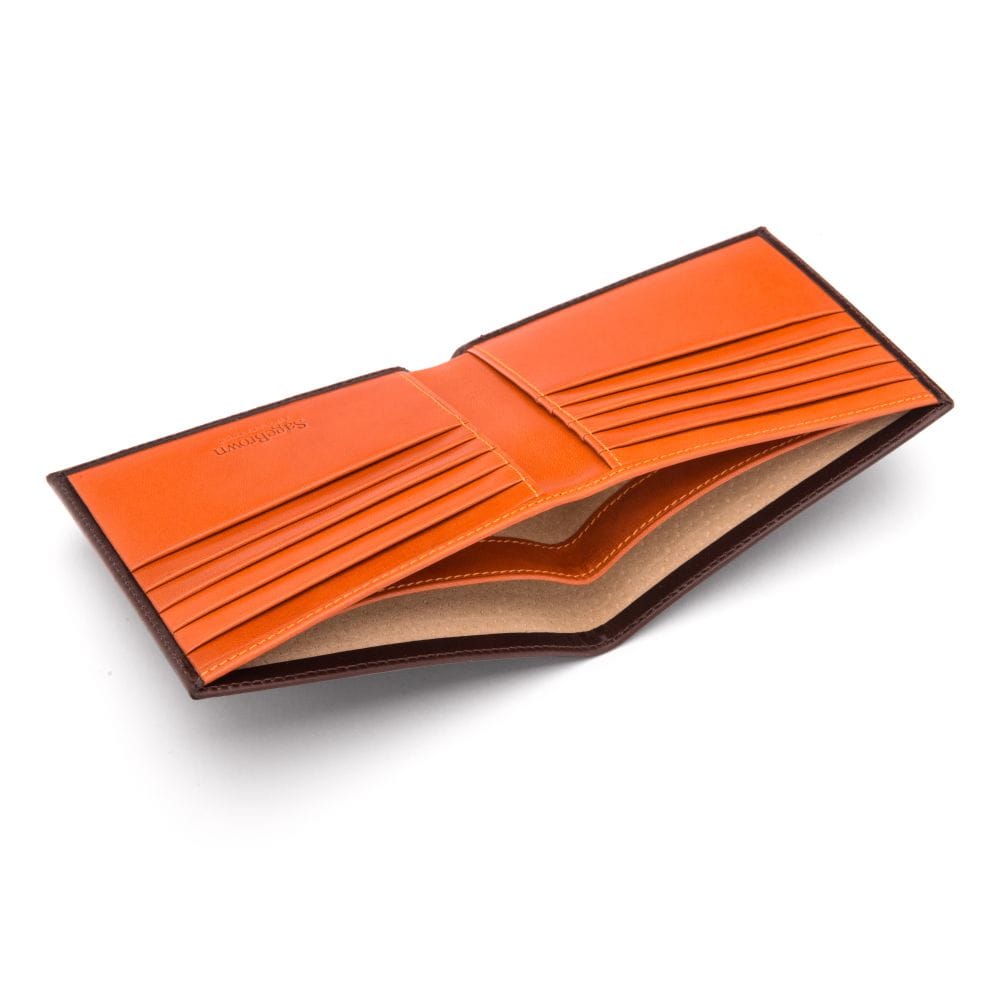 Men's RFID wallet with 10 CC, brown with orange, inside view