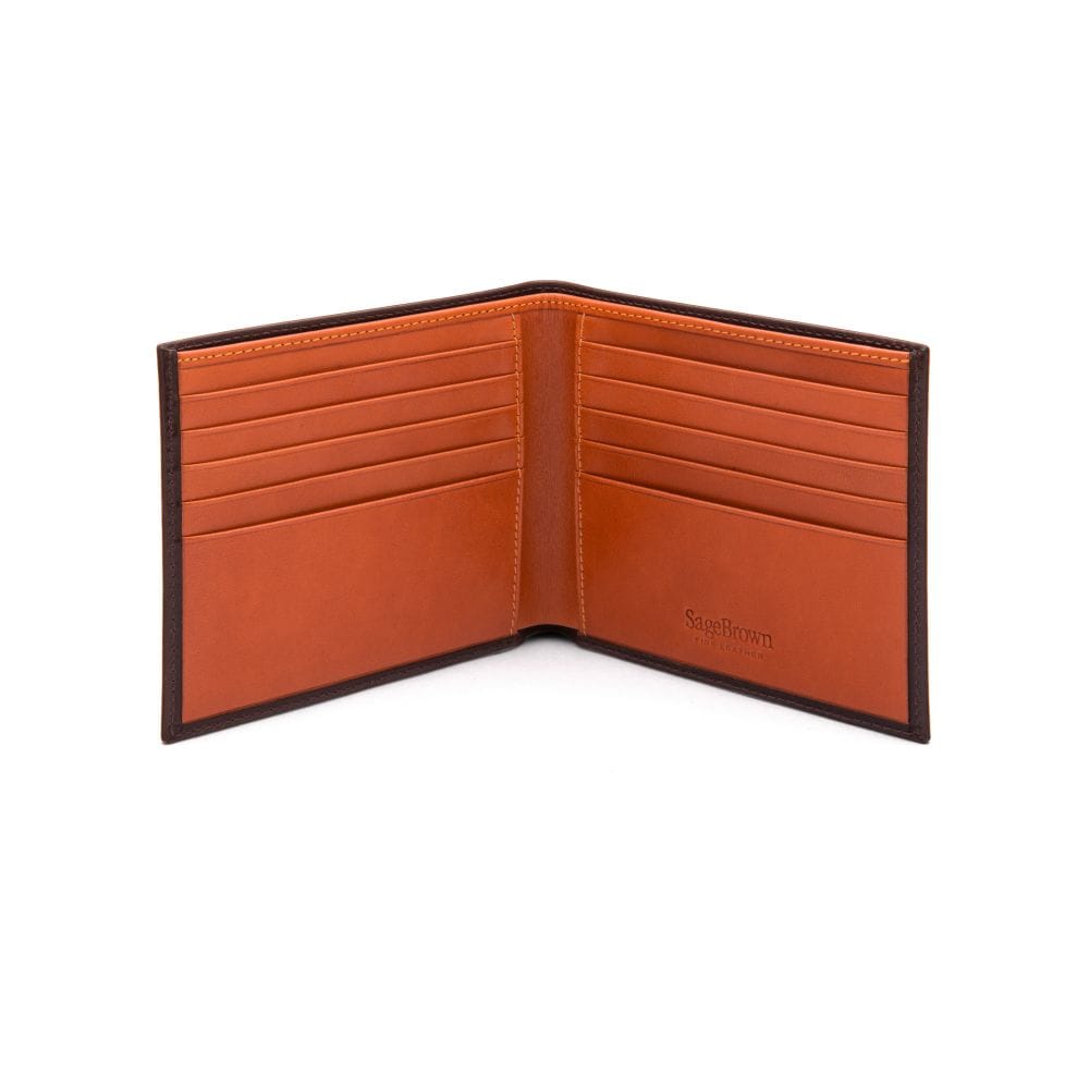 Men's RFID wallet with 10 CC, brown with orange, open