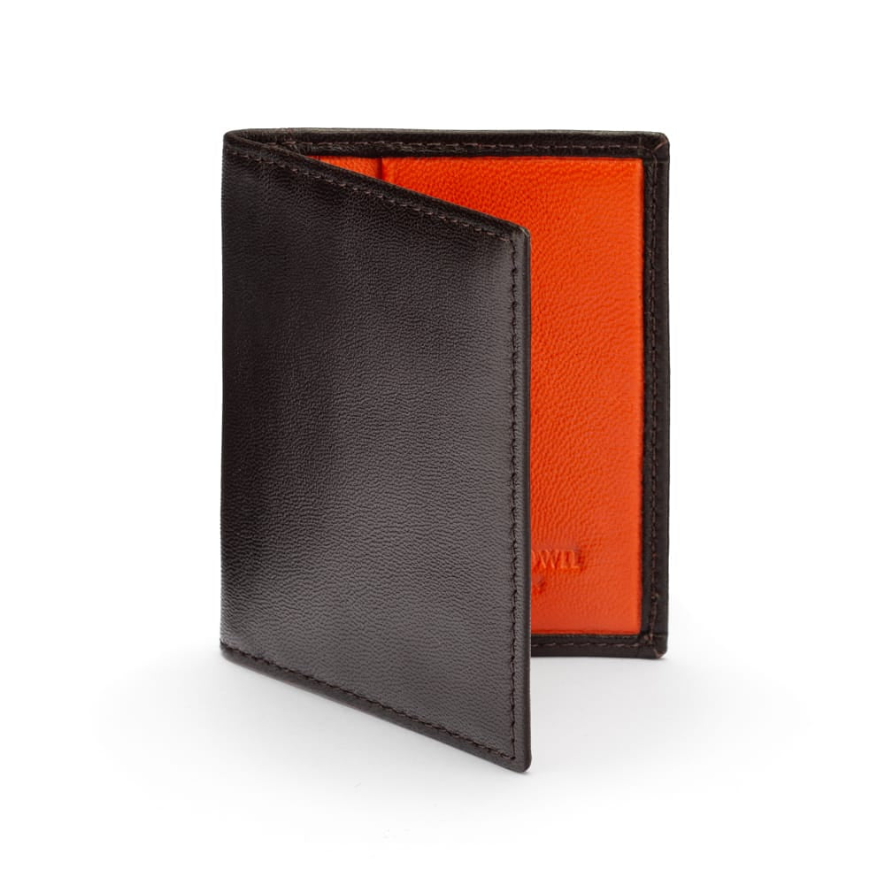 Premium Slim RFID Leather Credit Card Wallet, Soft Brown With Orange, front