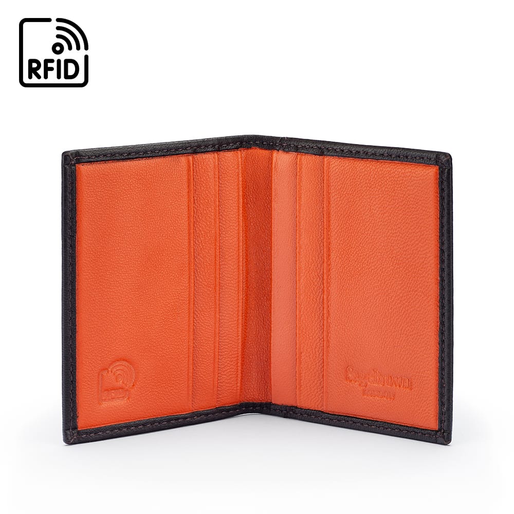 Premium Slim RFID Leather Credit Card Wallet, Soft Brown With Orange, inside
