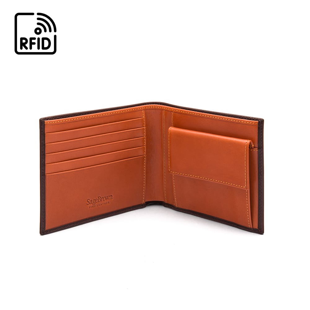 Compact Leather Wallet, 6 CC, Black With Orange | Wallet | SageBrown