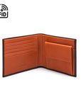 RFID leather wallet with coin purse, brown with orange, open