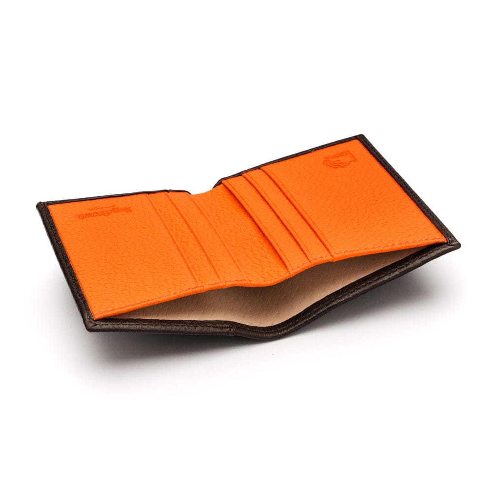RFID leather wallet with 4 CC, brown with orange, inside