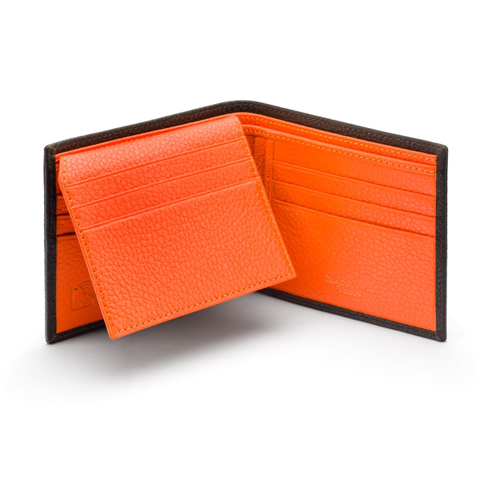 RFID leather wallet with 9 cc, brown with orange, open