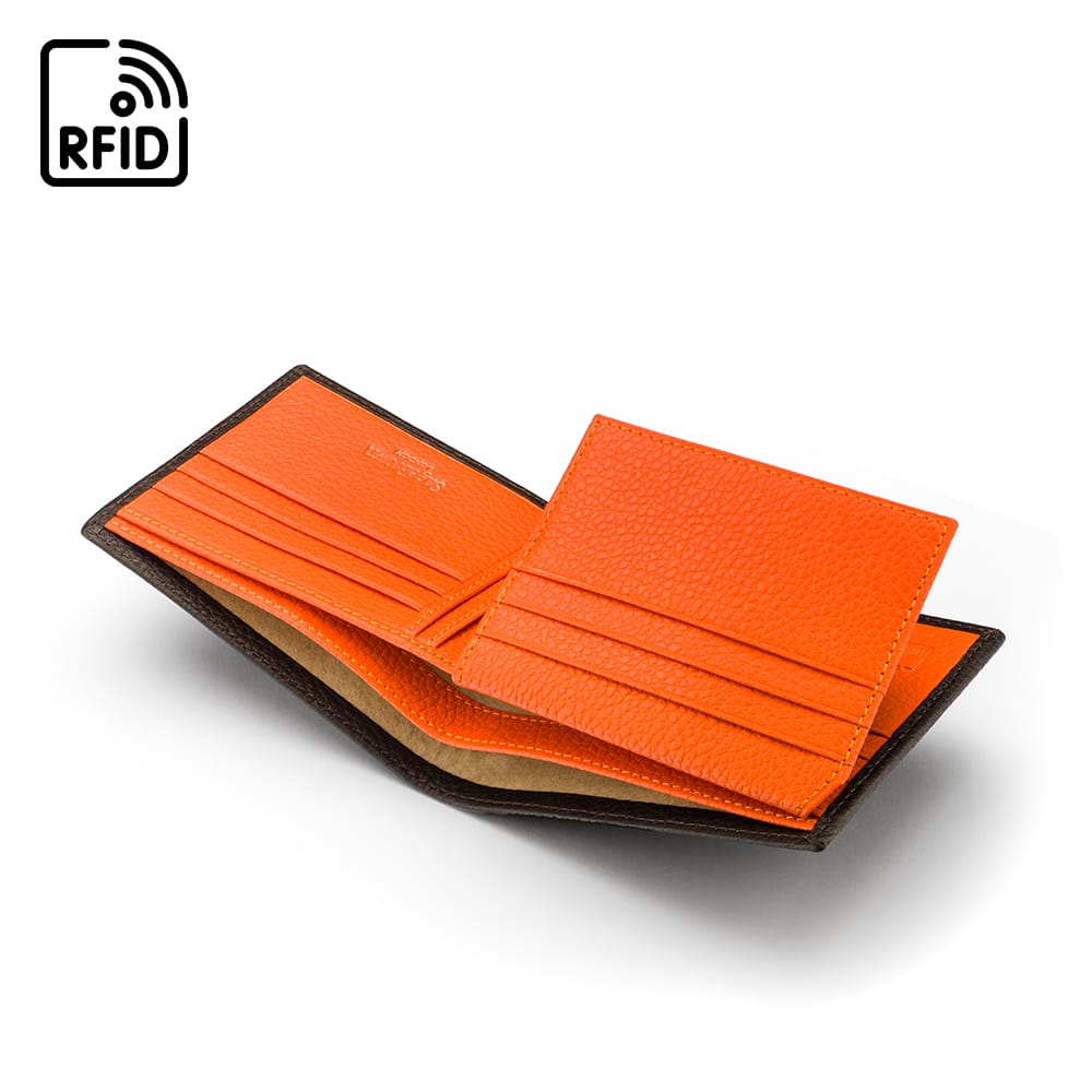 RFID leather wallet with 9 cc, brown with orange, inside