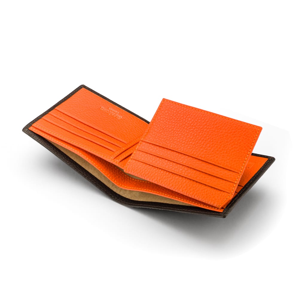RFID leather wallet with 9 cc, brown with orange, inside view