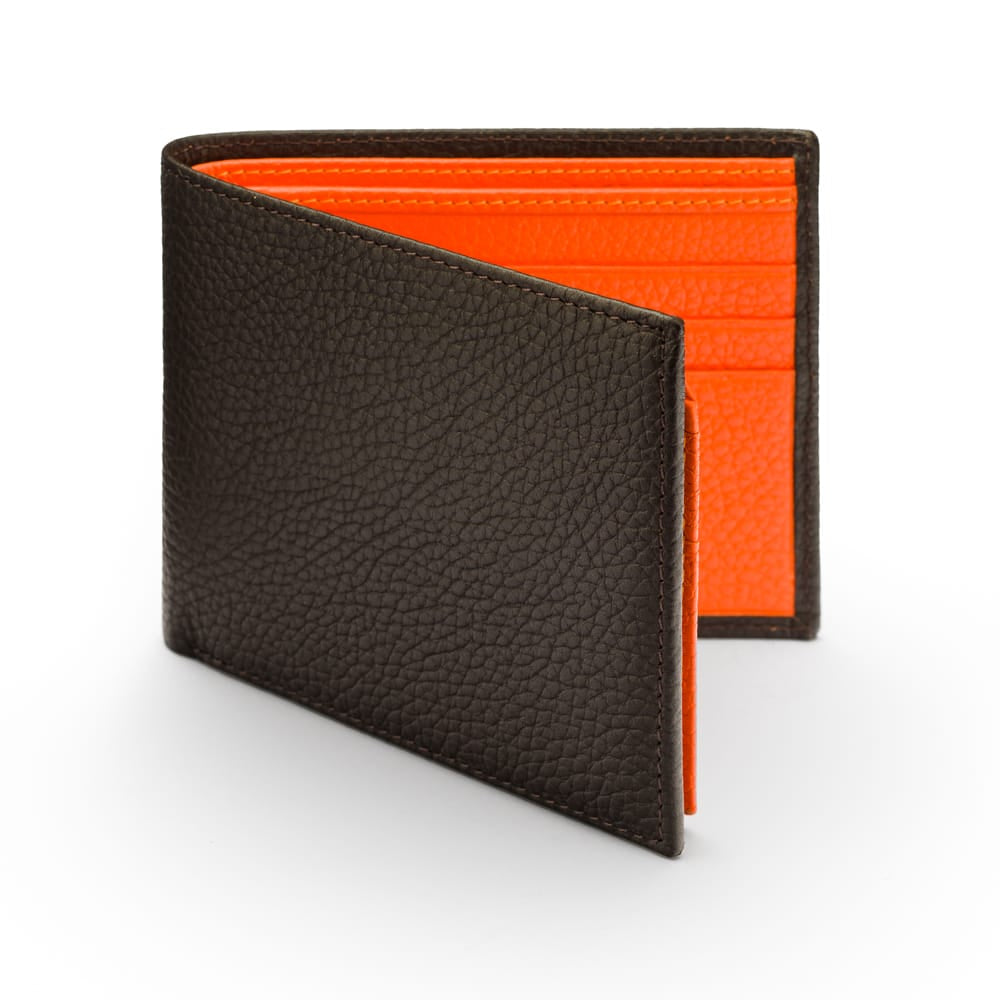 RFID leather wallet with 9 cc, brown with orange, front