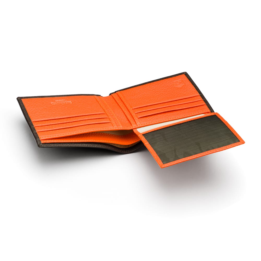 RFID leather wallet with 9 cc, brown with orange, with ID window