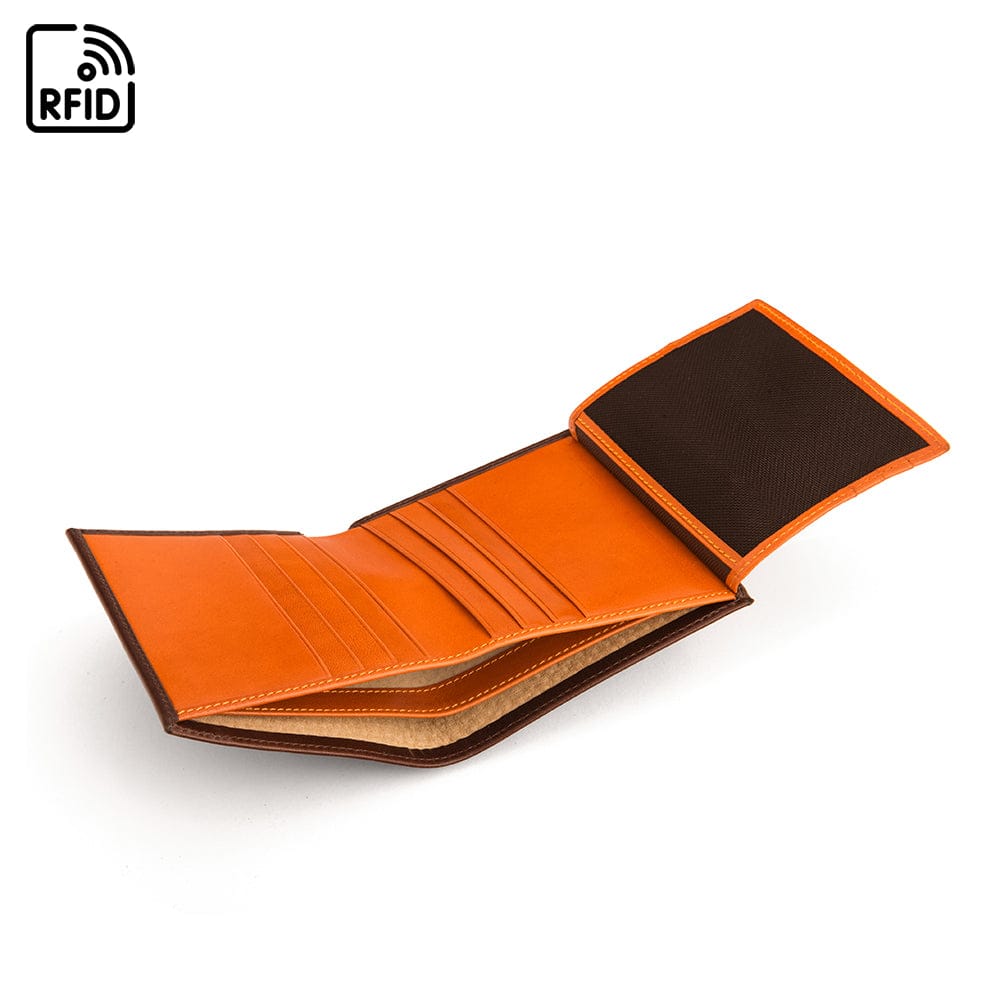 RFID leather wallet with ID, 9 CC, brown with orange, inside