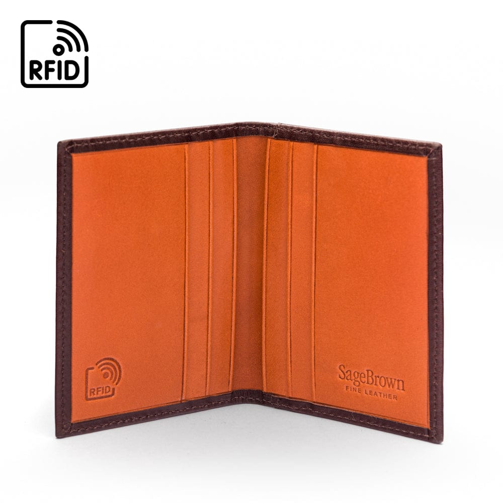 RFID leather credit card wallet, brown with orange, inside