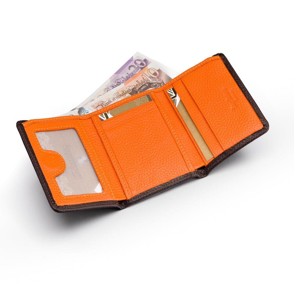 Trifold leather wallet with id, brown with orange, inside