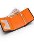 Trifold leather wallet with id, brown with orange, inside