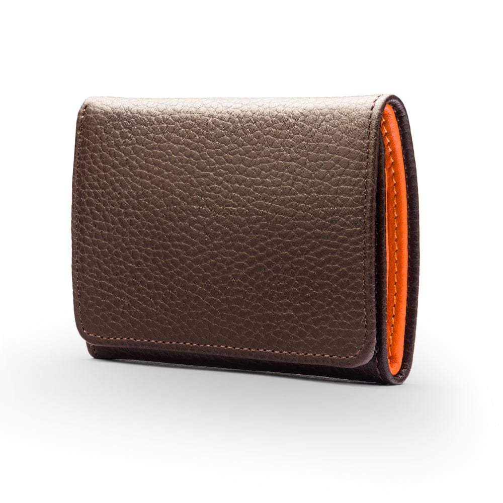 Trifold leather wallet with id, brown with orange, front