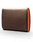 Trifold leather wallet with id, brown with orange, front