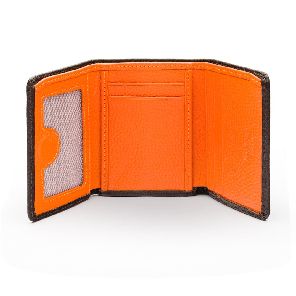 Trifold leather wallet with id, brown with orange, open