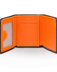 Trifold leather wallet with id, brown with orange, open