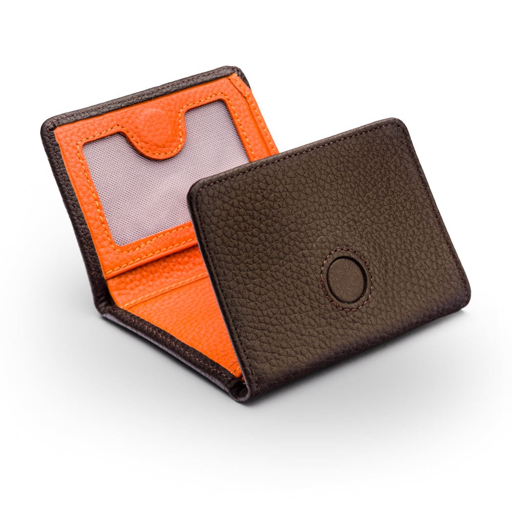 Trifold leather wallet with id, brown with orange