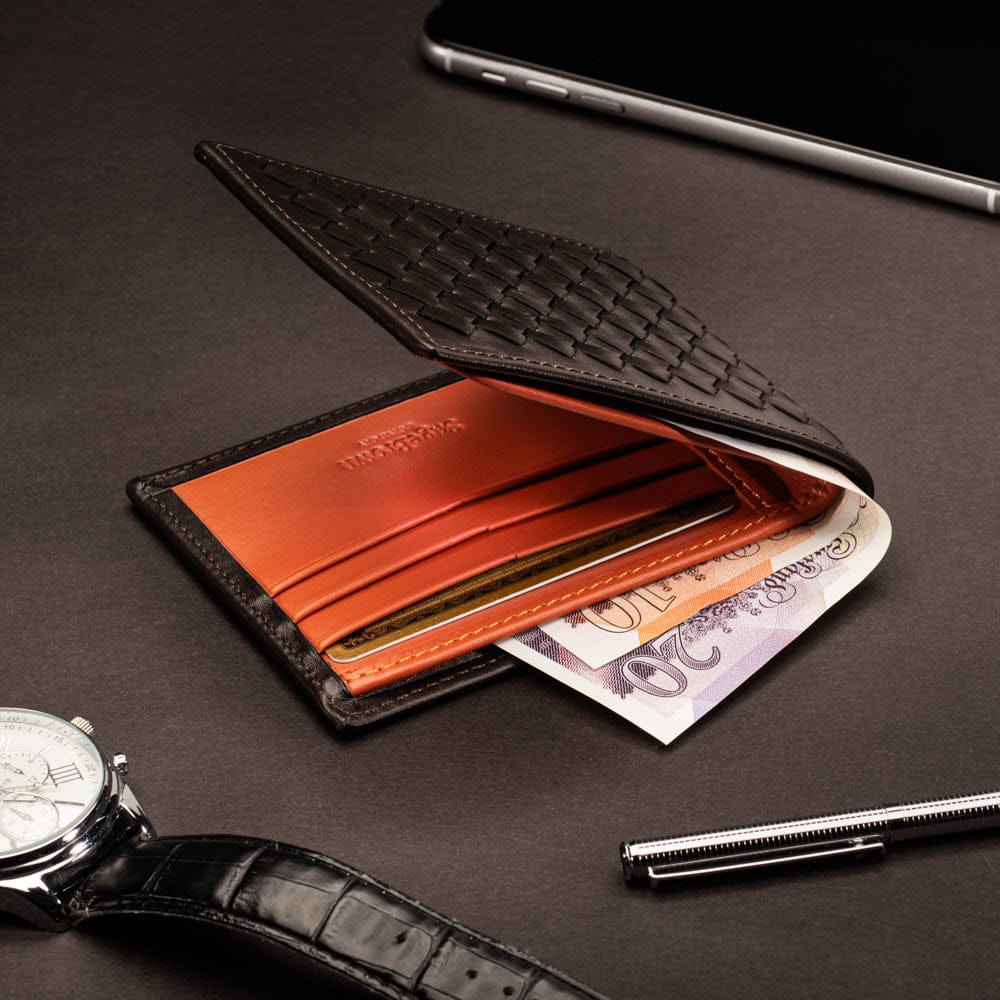 Woven leather wallet with 6 credit card slots, brown with orange, lifestyle