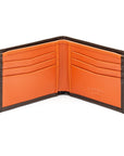 Woven leather wallet with 6 credit card slots, brown with orange, open