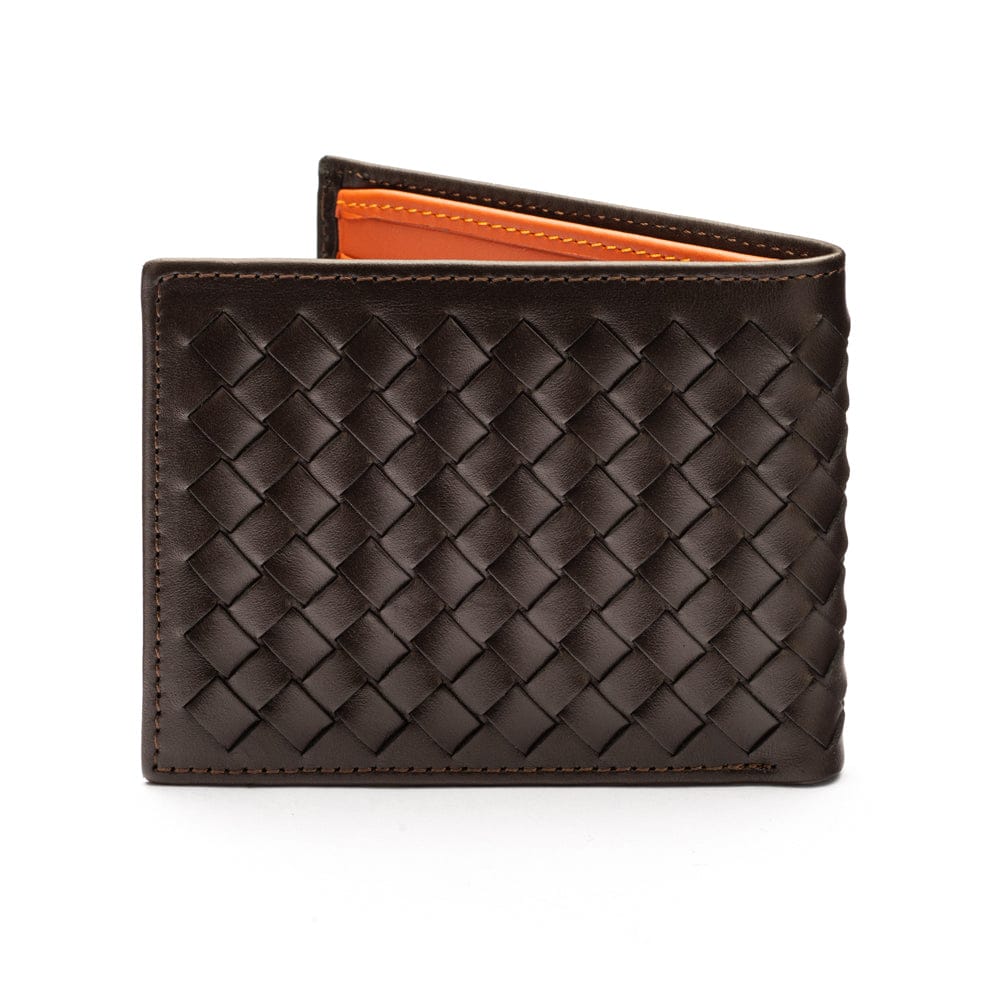 Woven leather wallet with 6 credit card slots, brown with orange, back