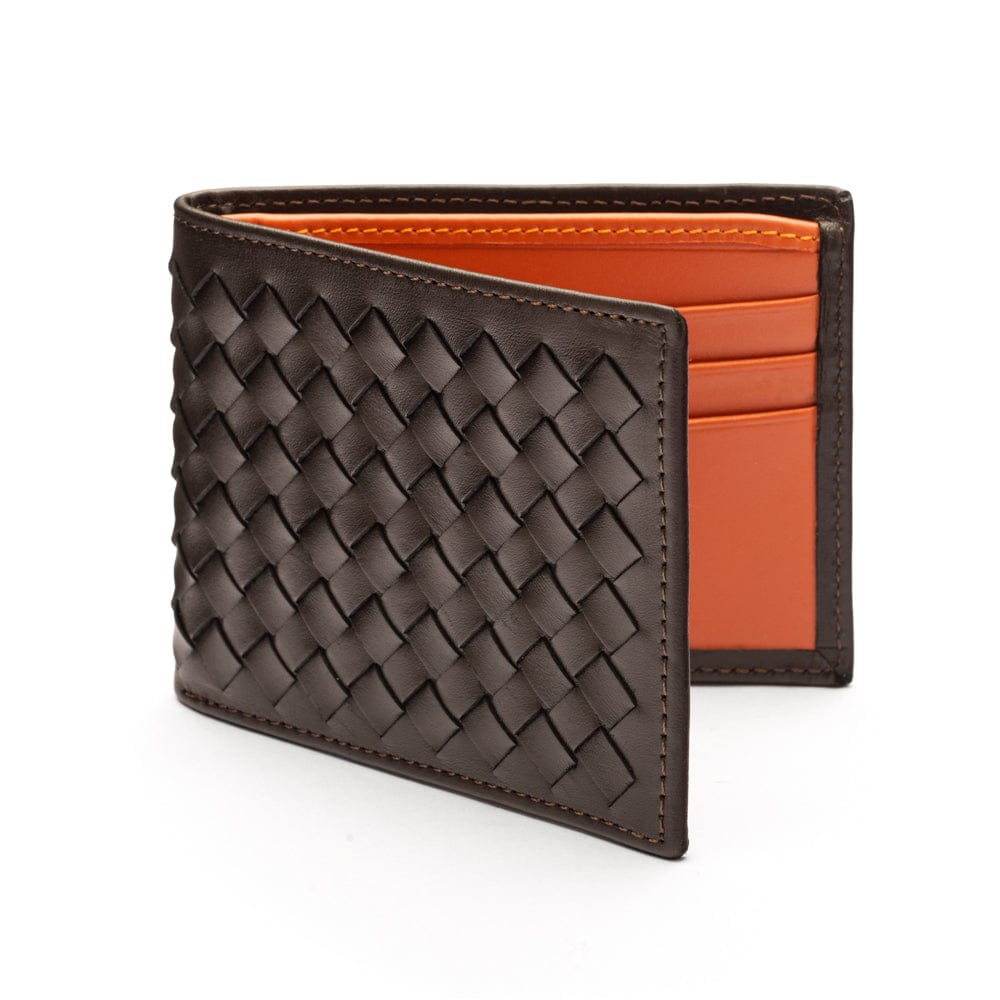 Woven leather wallet with 6 credit card slots, brown with orange, front