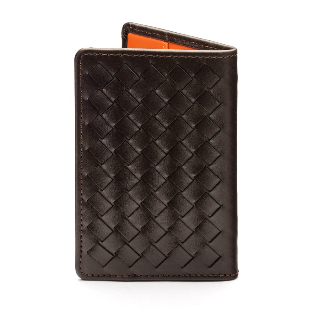 Woven leather credit card holder, brown with orange, back