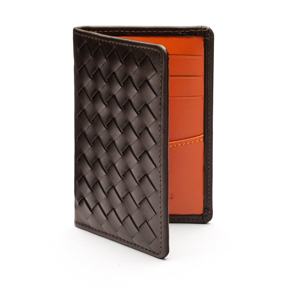 Woven leather credit card holder, brown with orange, open