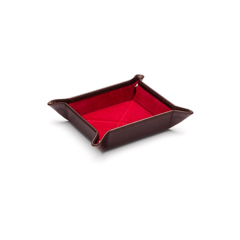 Small leather valet tray, brown with red, constructed