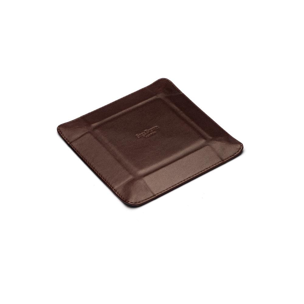 Small leather valet tray, brown with red, flat base