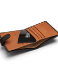 Compact leather RFID billfold wallet with tab, brown with tan, inside