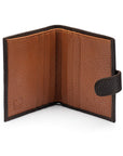 Compact leather RFID billfold wallet with tab, brown with tan, open view