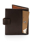 Compact leather RFID billfold wallet with tab, brown with tan, back