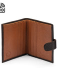 Compact leather RFID billfold wallet with tab, brown with tan, open