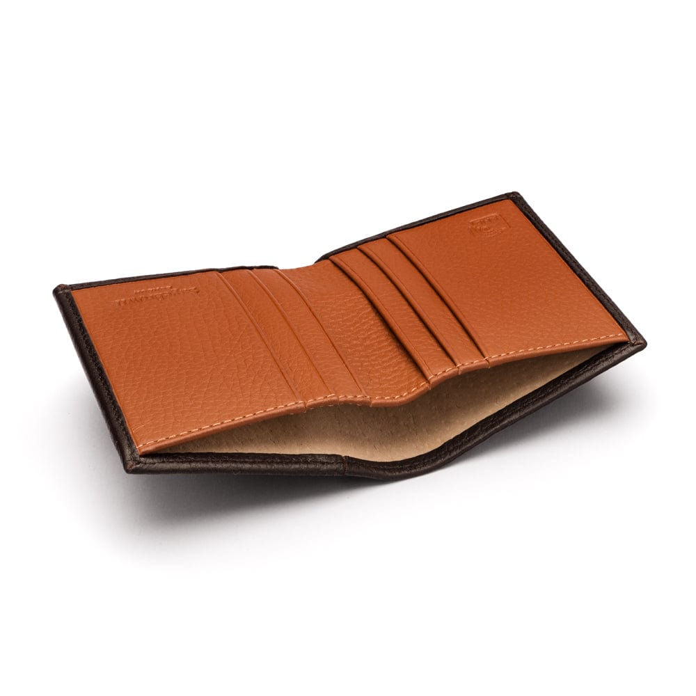 RFID leather wallet with 4 CC, brown with tan, inside